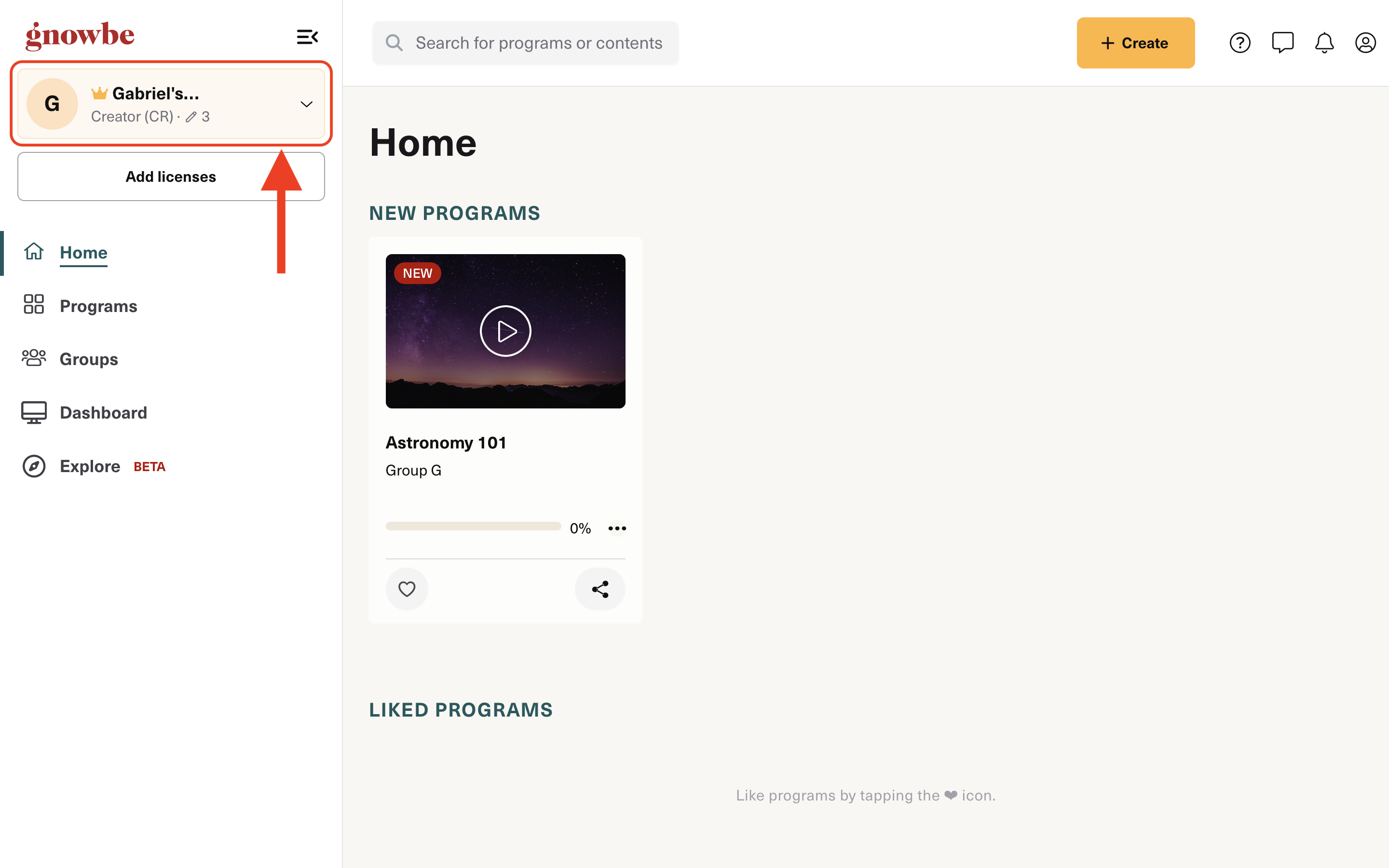 Click the drop-down menu on the top left corner of your homepage on Gnowbe Web to navigate between your workspaces.